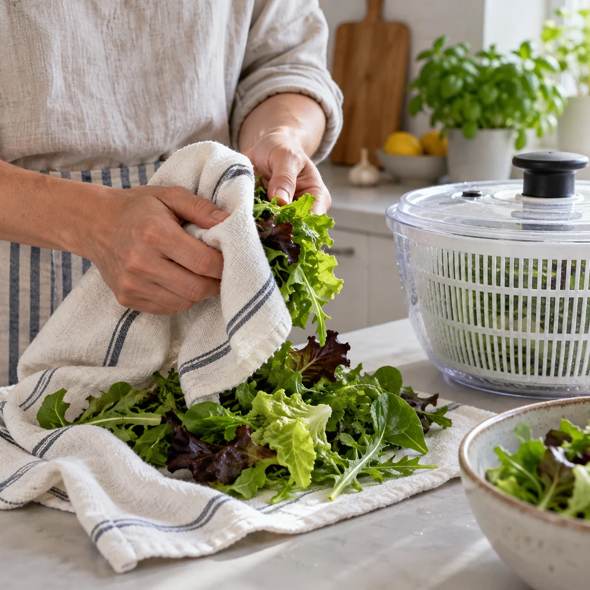 Clean reusable cloth and salad spinner used to dry washed leafy greens