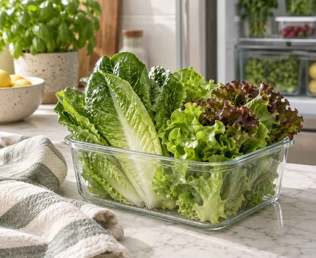 Crisp leafy greens in a reusable kitchen container
