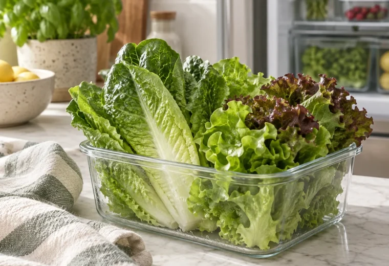 Crisp leafy greens in a reusable kitchen container