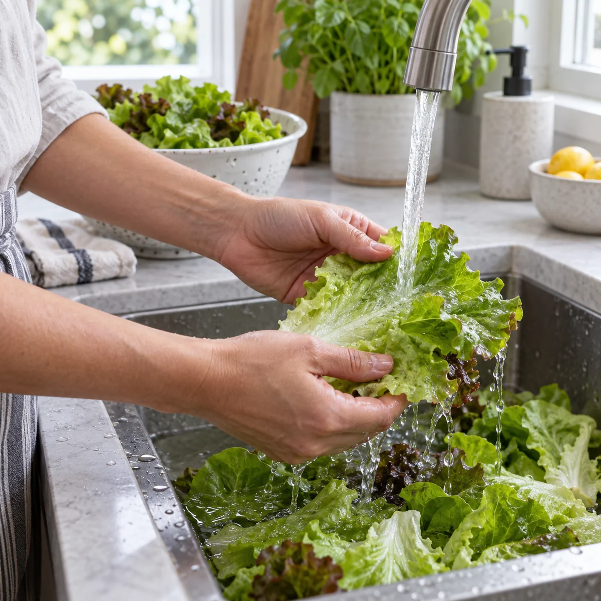 Hands gently rinsing loose lettuce leaves in a clean sink
