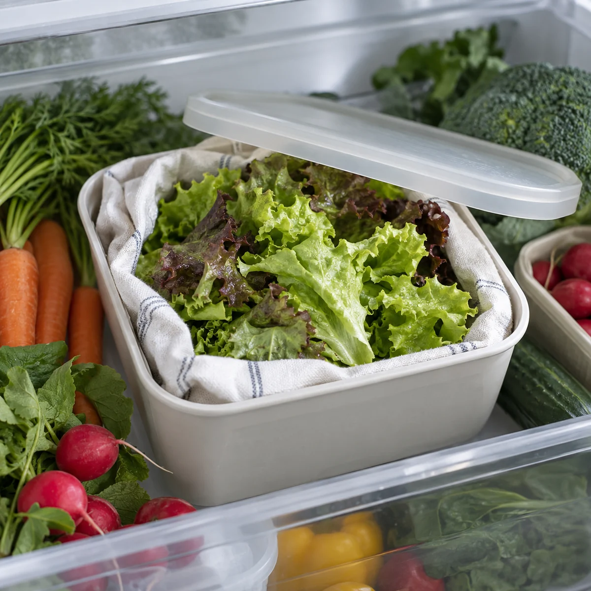 Fresh lettuce stored loosely in a clean container with a lightly damp cloth in the refrigerator