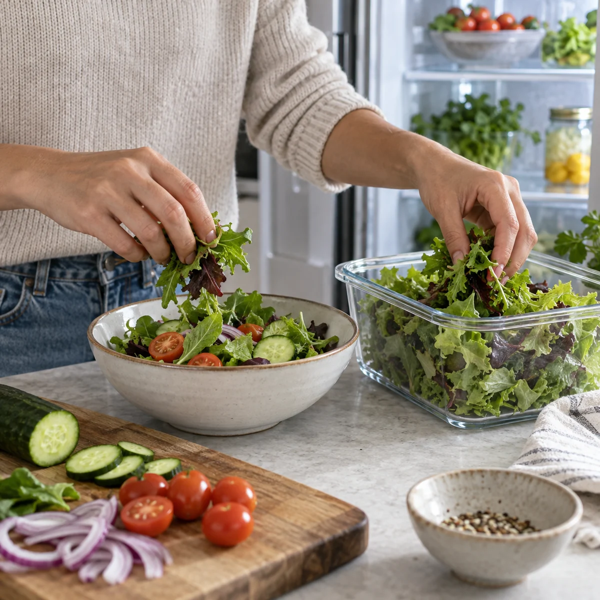 Hands taking crisp salad greens from a storage container to make a meal