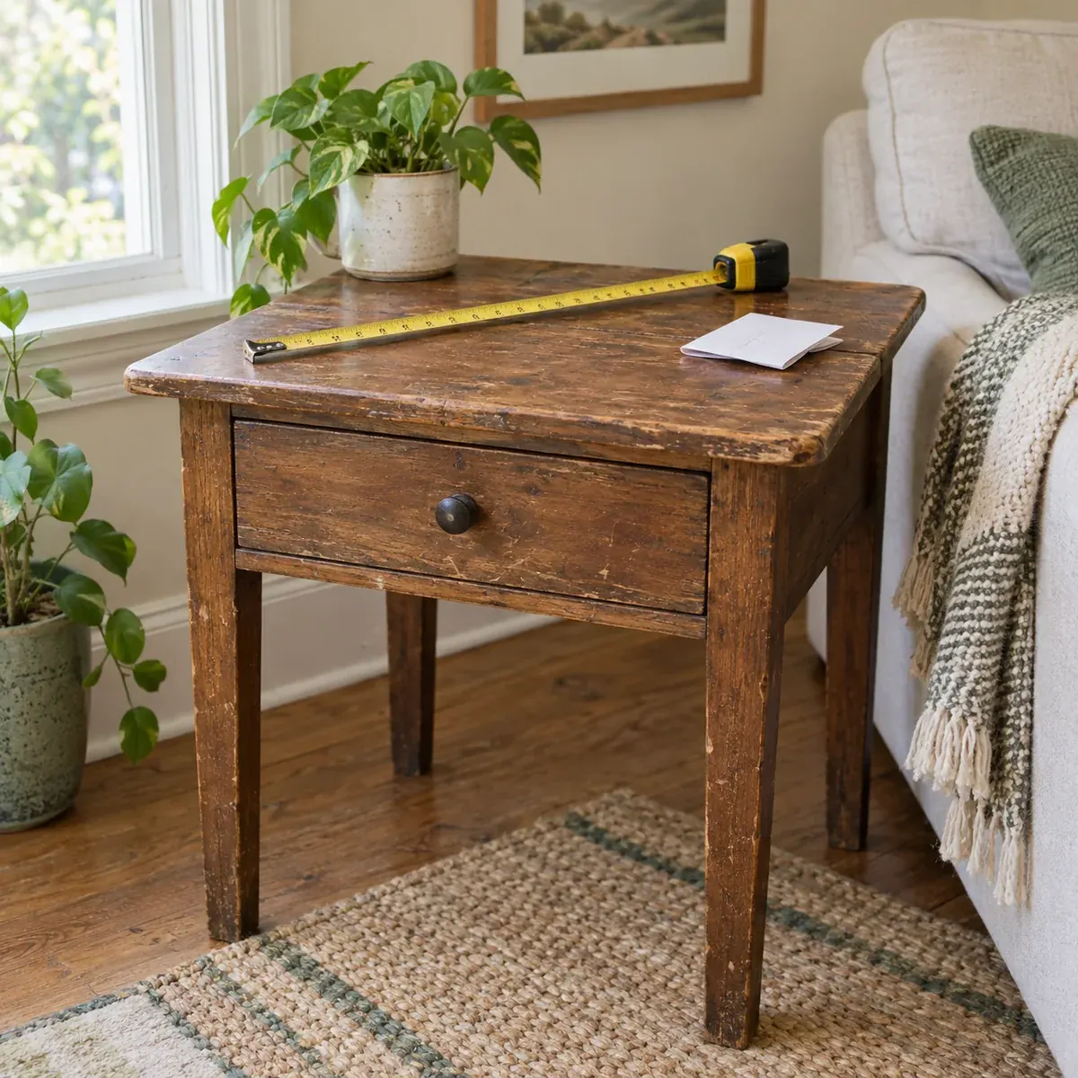 Used wooden side table measured before a purchase decision
