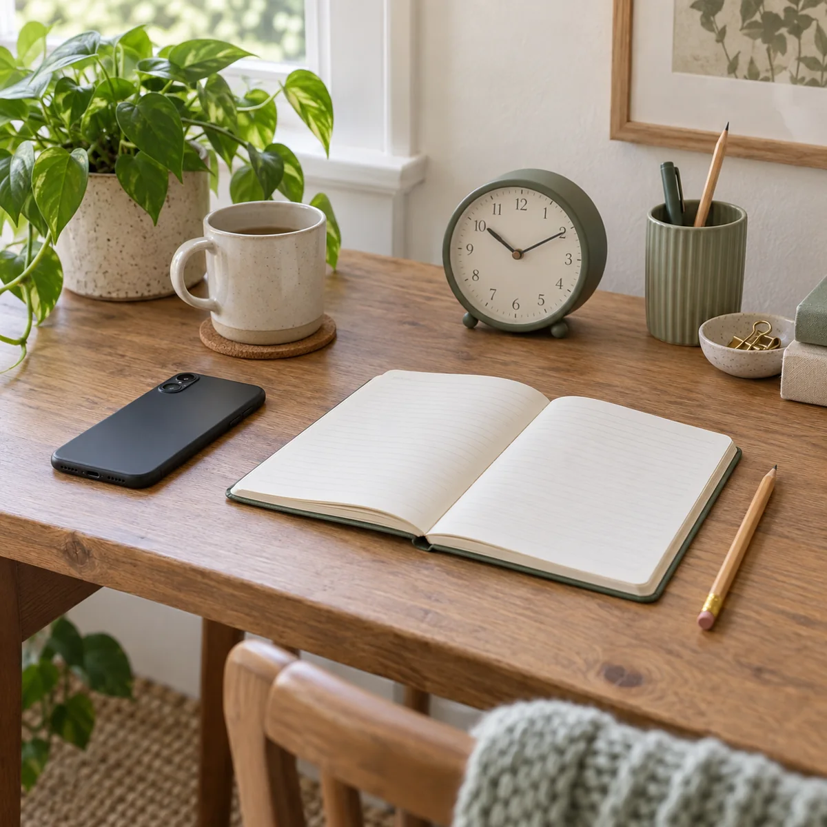 Face-down phone beside an open blank notebook and clock