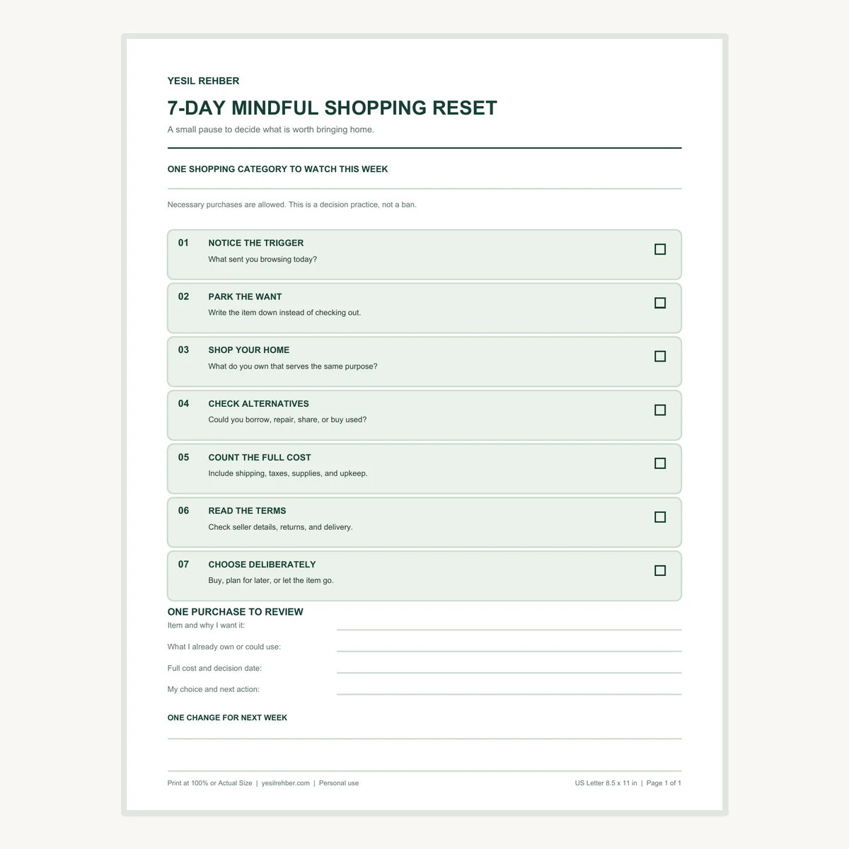 Preview of the one-page 7-day mindful shopping reset printable