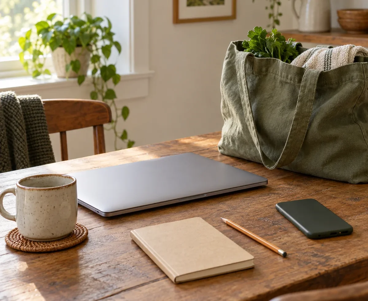 Closed laptop, face-down phone, and notebook on a home table