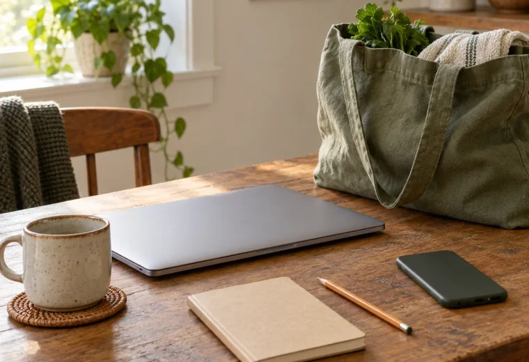 Closed laptop, face-down phone, and notebook on a home table