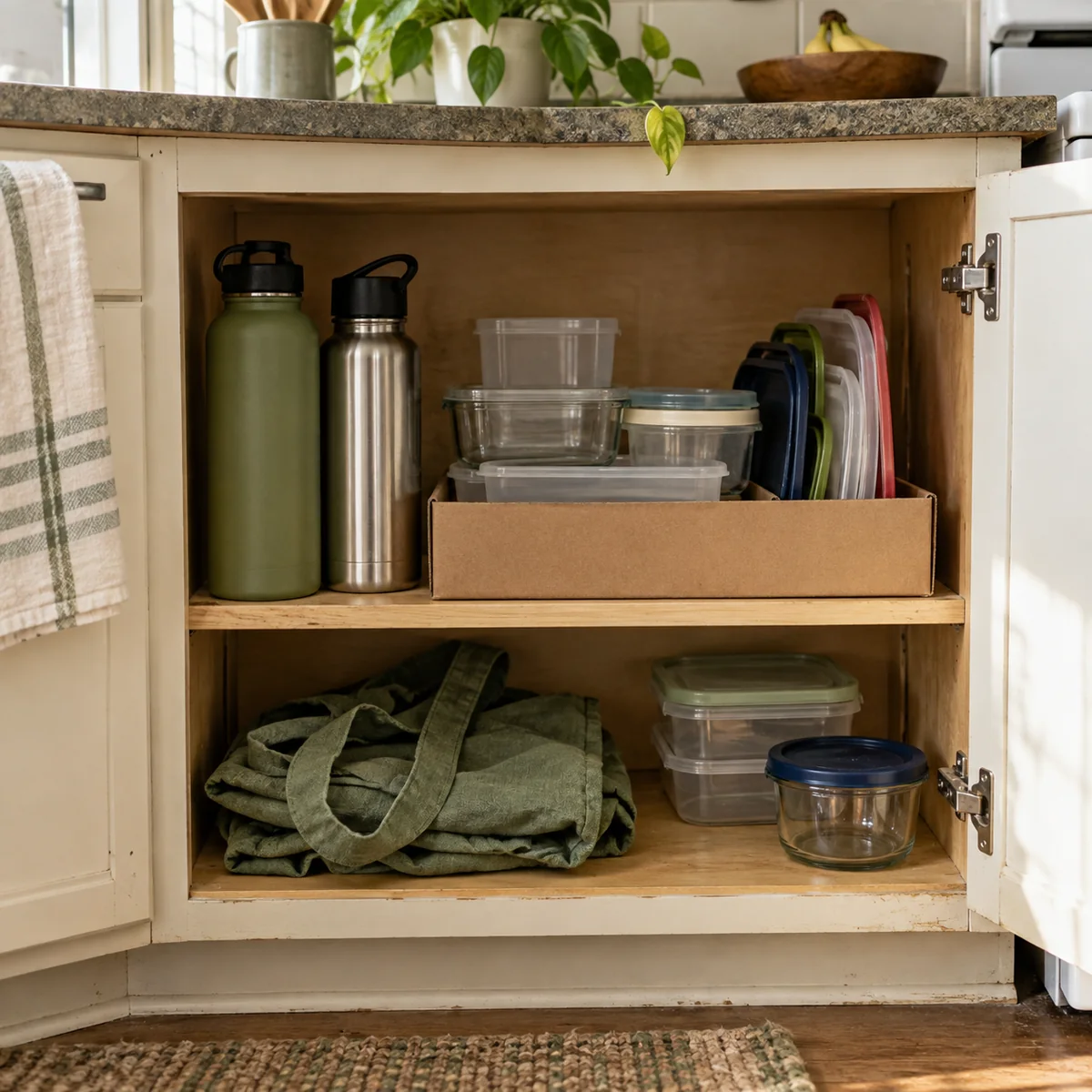 Reusable bottles, food containers, and a folded tote already stored in a kitchen cabinet