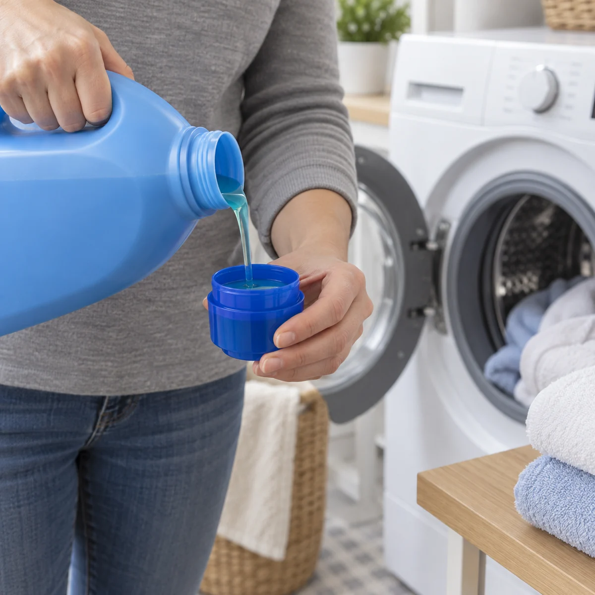 Adult measuring laundry detergent for a towel load