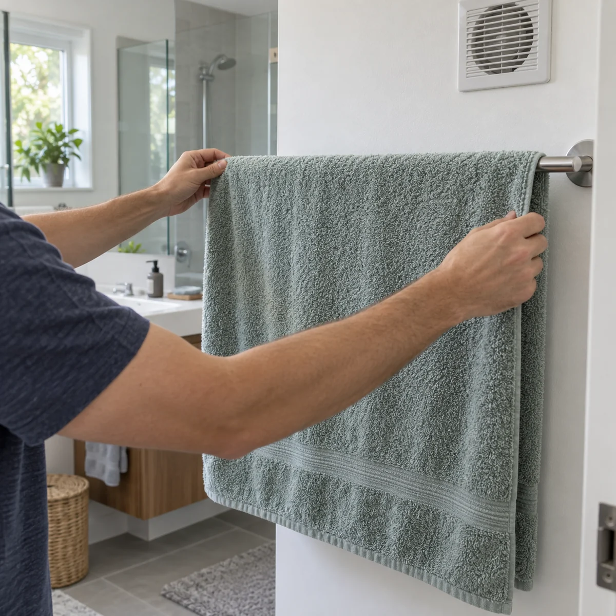 Adult spreading a damp bath towel fully across a wide bathroom rail
