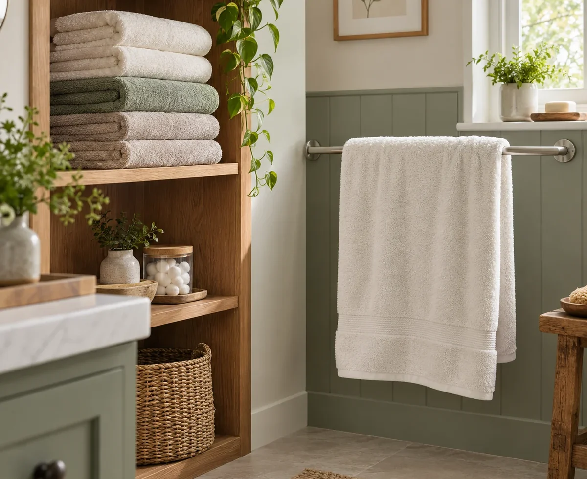 Clean dry towels on a bathroom shelf with one towel spread on a rail