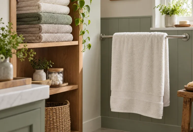 Clean dry towels on a bathroom shelf with one towel spread on a rail