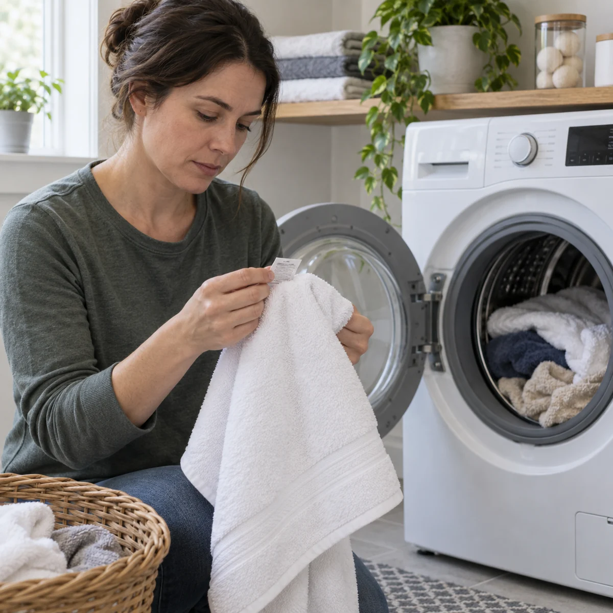 Adult checking a towel care label before washing an uncrowded towel load