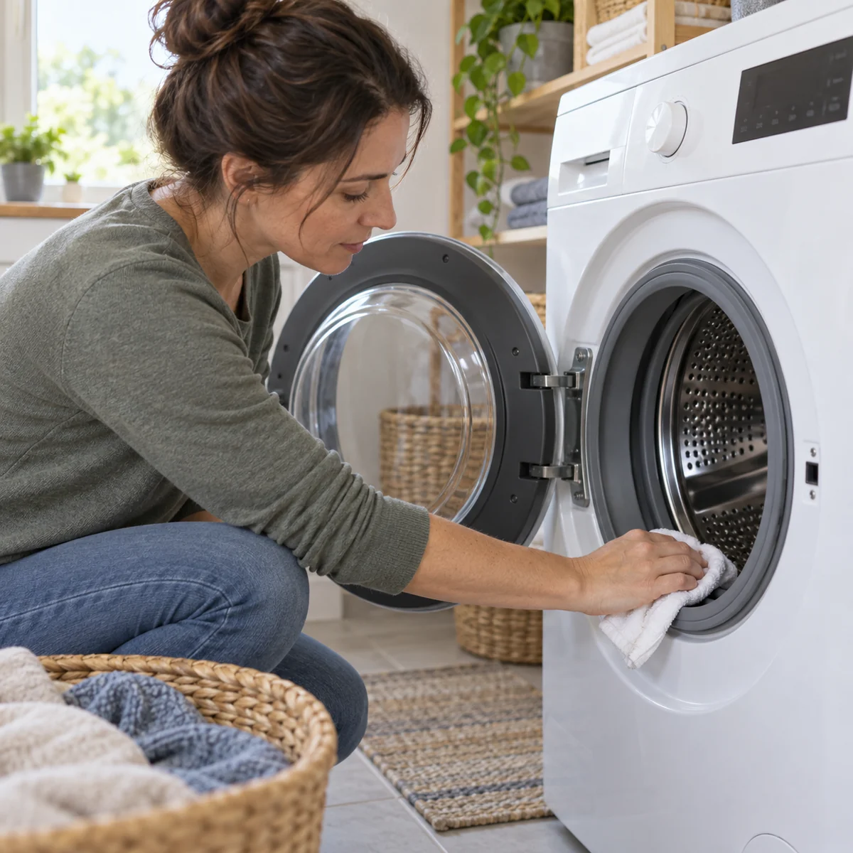 Adult wiping the accessible gasket of a front-load washer with a clean cloth