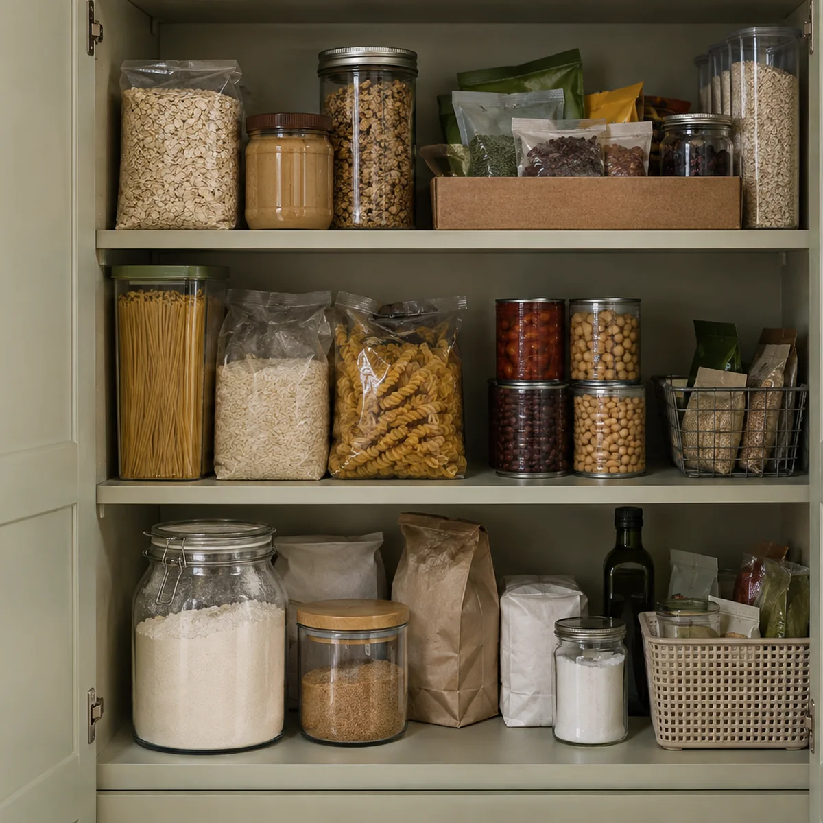 Pantry shelves grouped into breakfast, meal staples, canned foods, and baking supplies