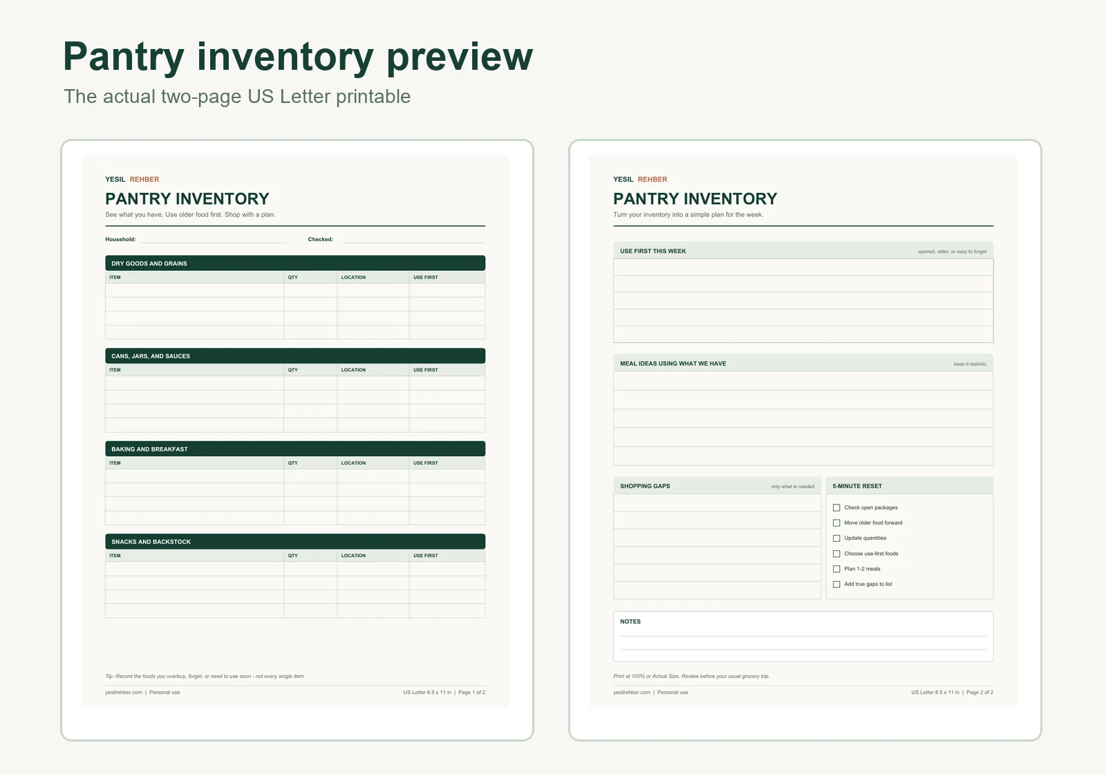 Preview of the two-page pantry inventory and weekly use-first printable