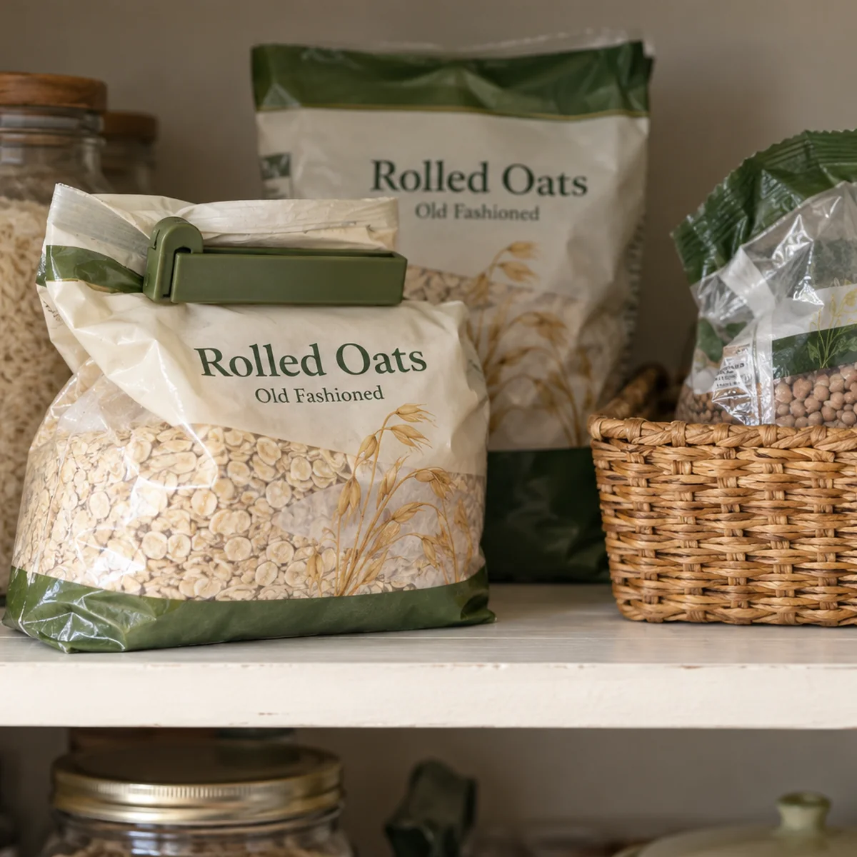 Clipped open bag of oats at the front of a pantry shelf with an unopened bag behind it