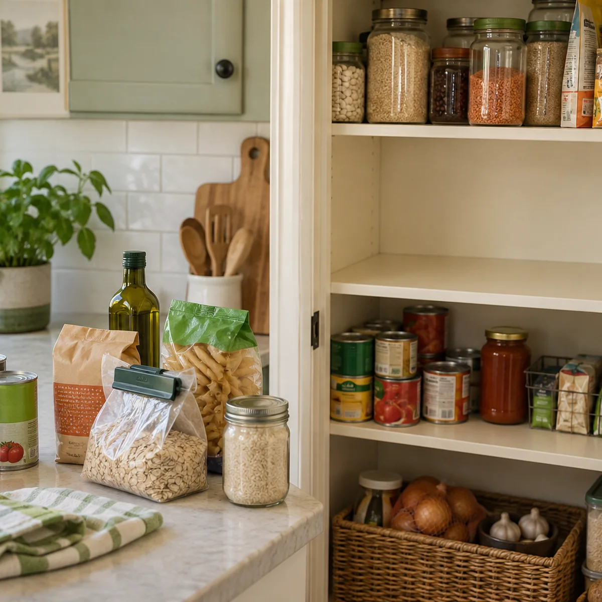 One pantry shelf cleared while a small group of dry goods waits on the counter