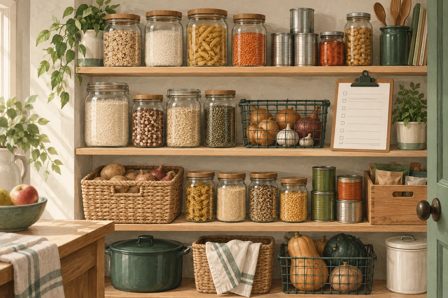Illustrated pantry organized with jars, cans, baskets, and a pantry inventory clipboard