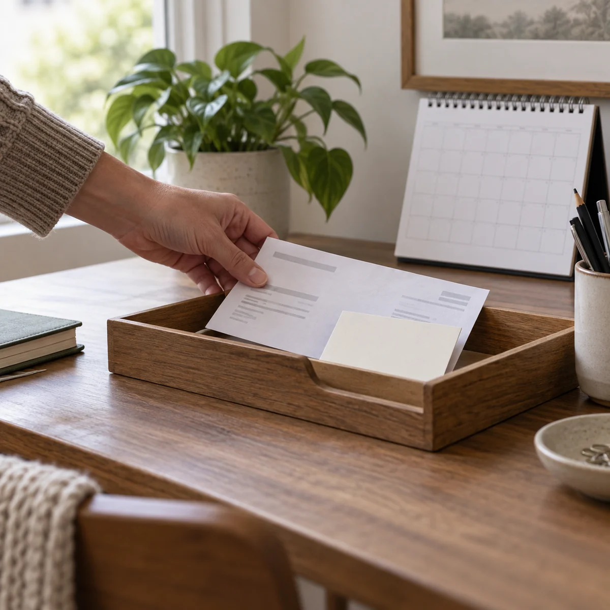Adult placing a time-sensitive paper into a tray beside a calendar