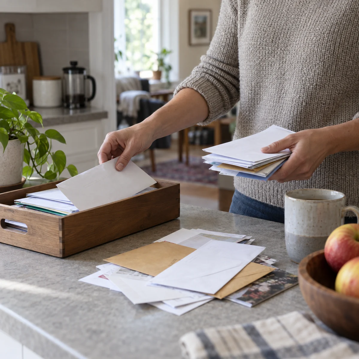 Adult collecting a manageable stack of household mail into an existing tray