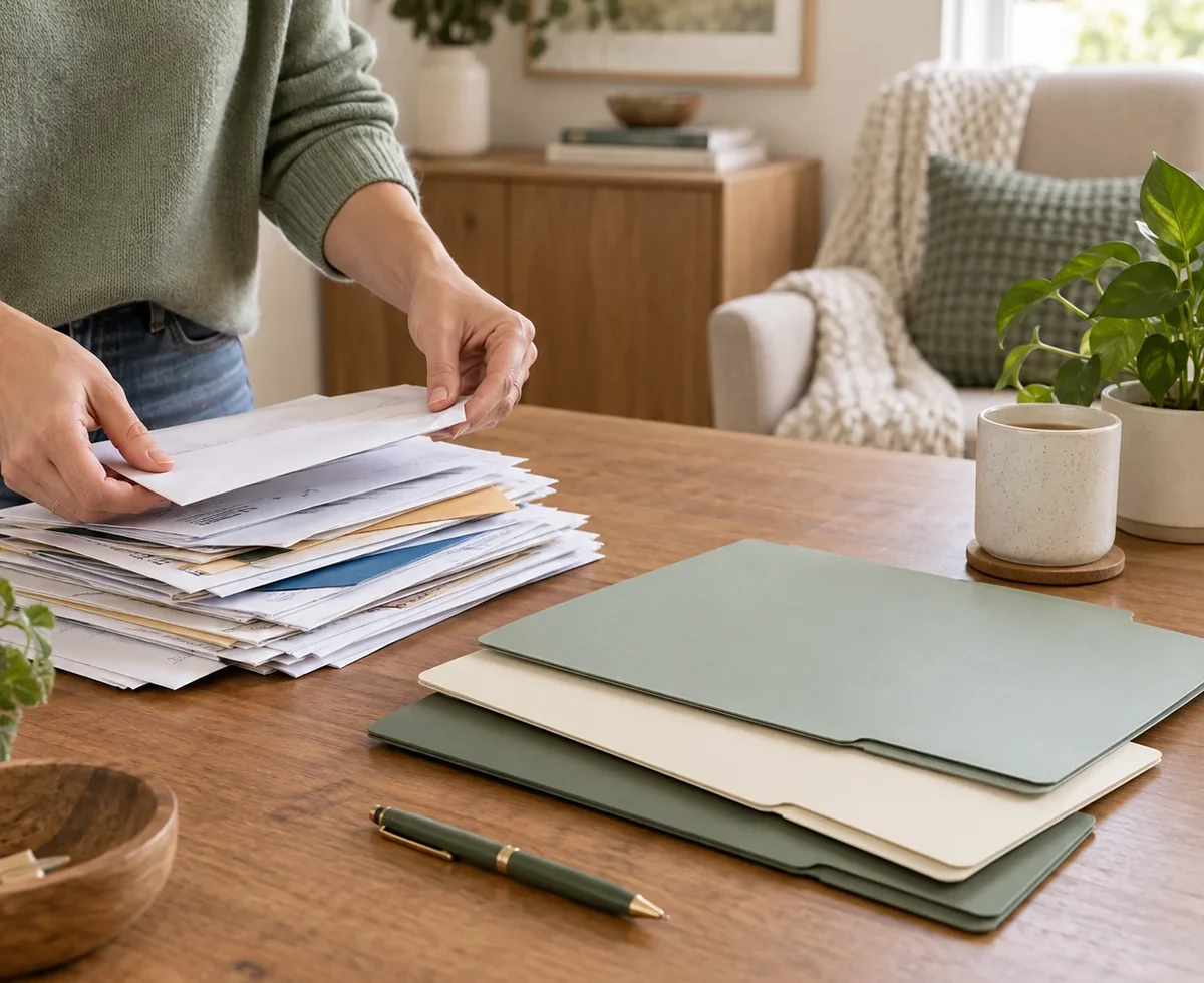 A manageable stack of household papers beside reusable folders