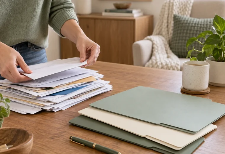 A manageable stack of household papers beside reusable folders