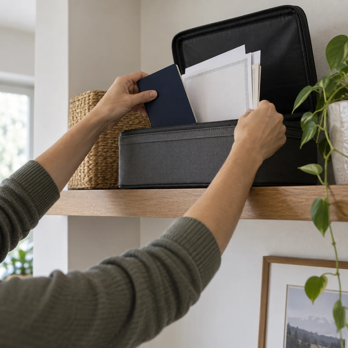 Adult placing important household records in a protective document case
