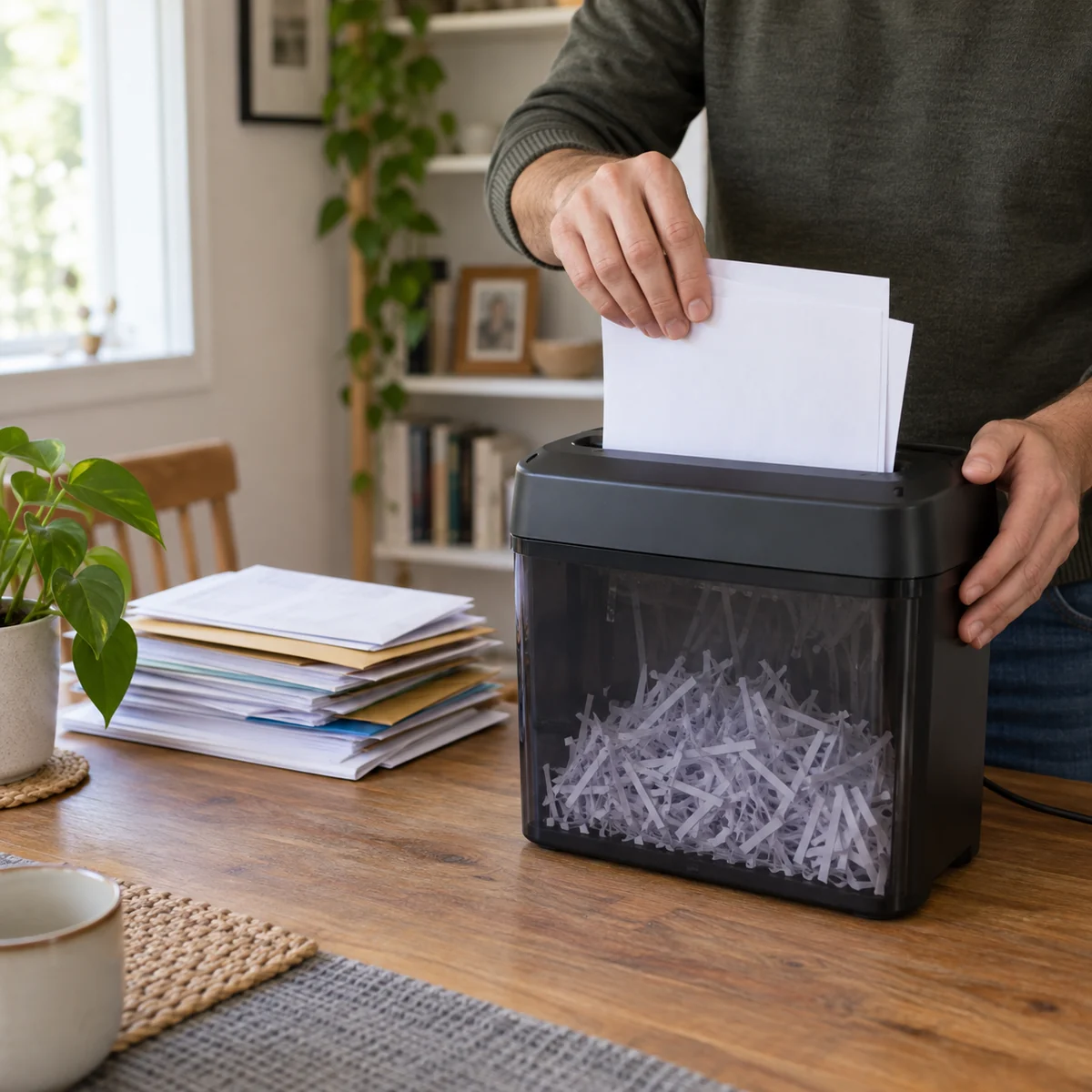 Adult securely shredding papers while keeping ordinary recyclable mail separate