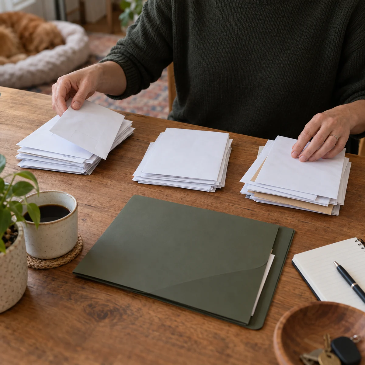 Adult sorting ordinary household mail into separate small piles