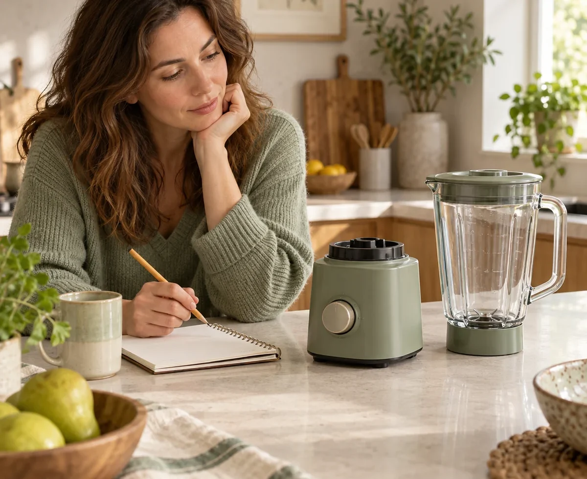 Person considering an unplugged small appliance and a notebook