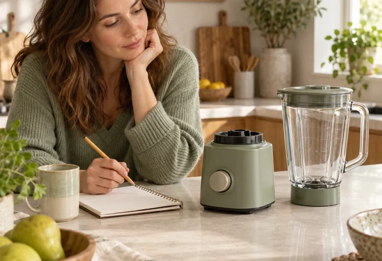 Person considering an unplugged small appliance and a notebook