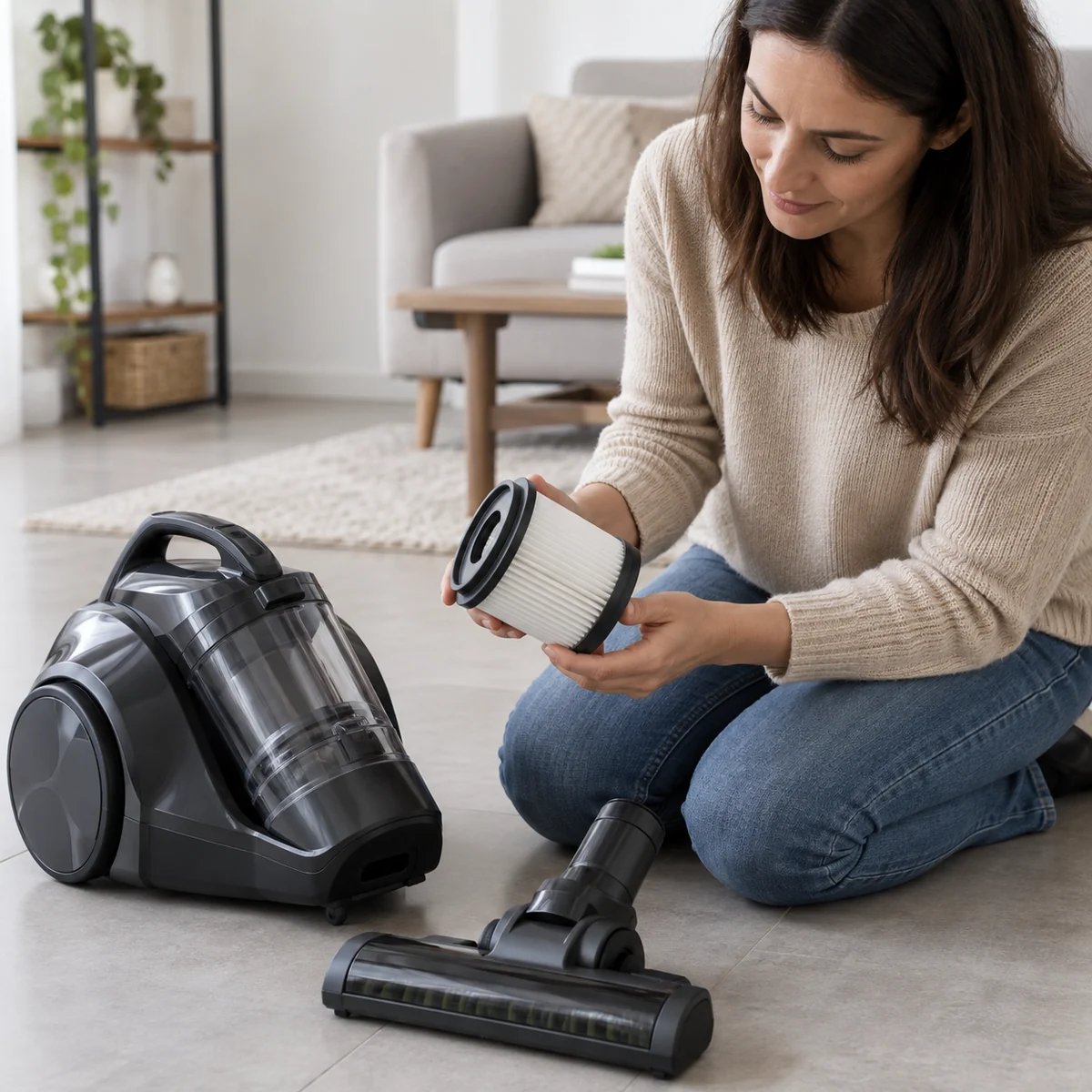 Adult checking an accessible vacuum filter and brush head with the vacuum unplugged