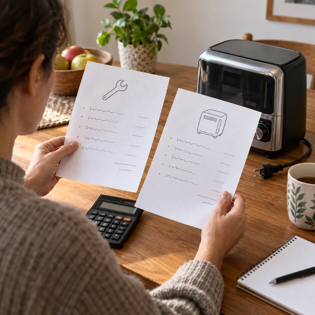 Adult comparing repair and replacement estimates with a calculator