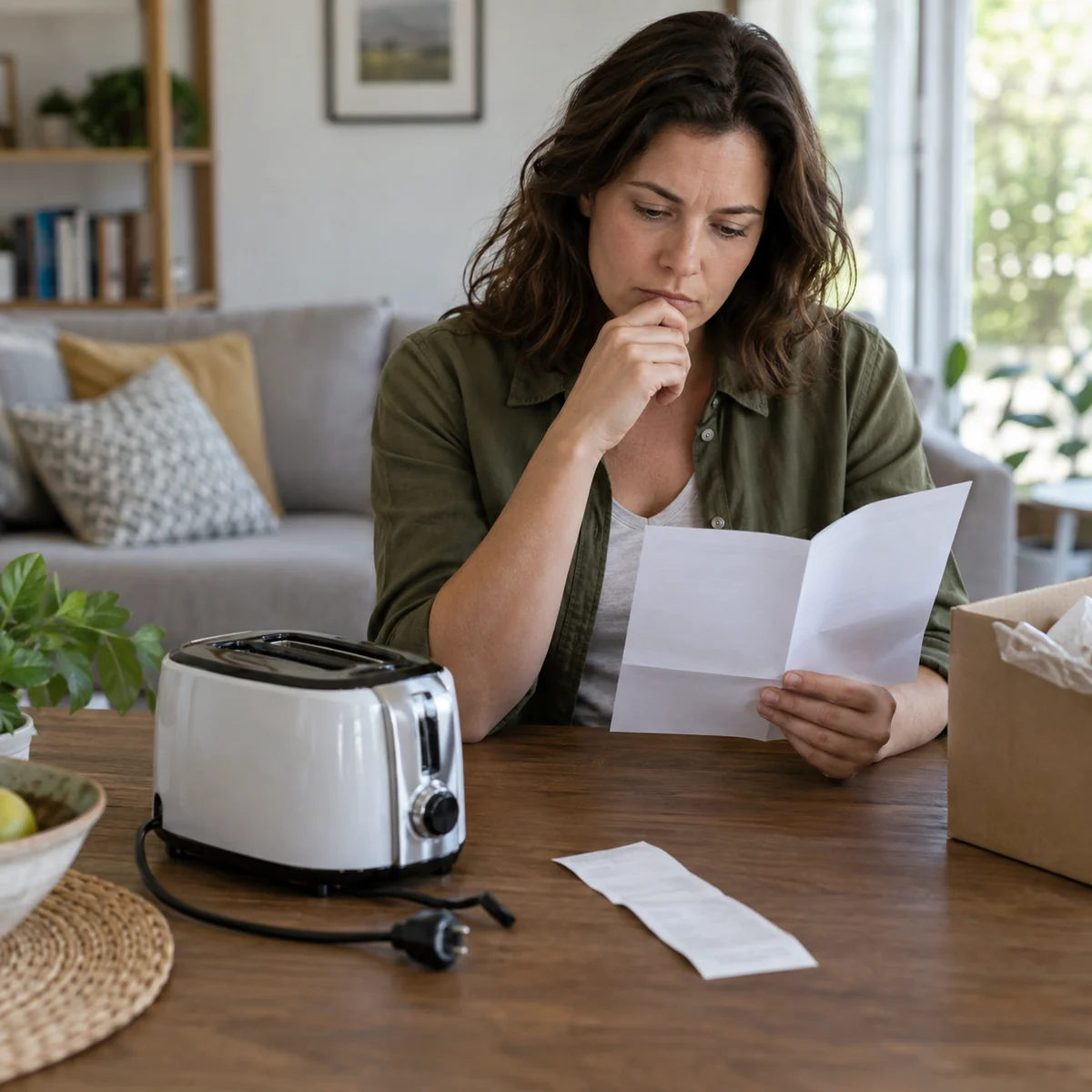 Warranty paperwork and receipt beside an unplugged small appliance