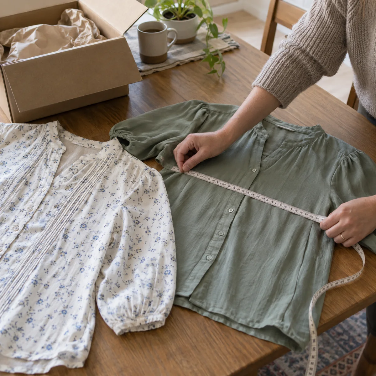Hands comparing a delivered secondhand garment with a favorite garment using a tape measure