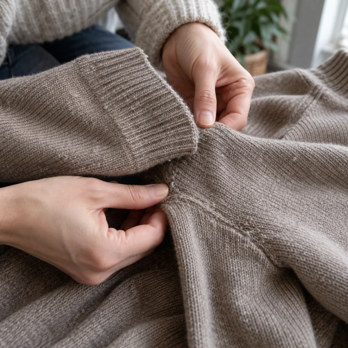 Hands examining a secondhand sweater cuff and seam for wear