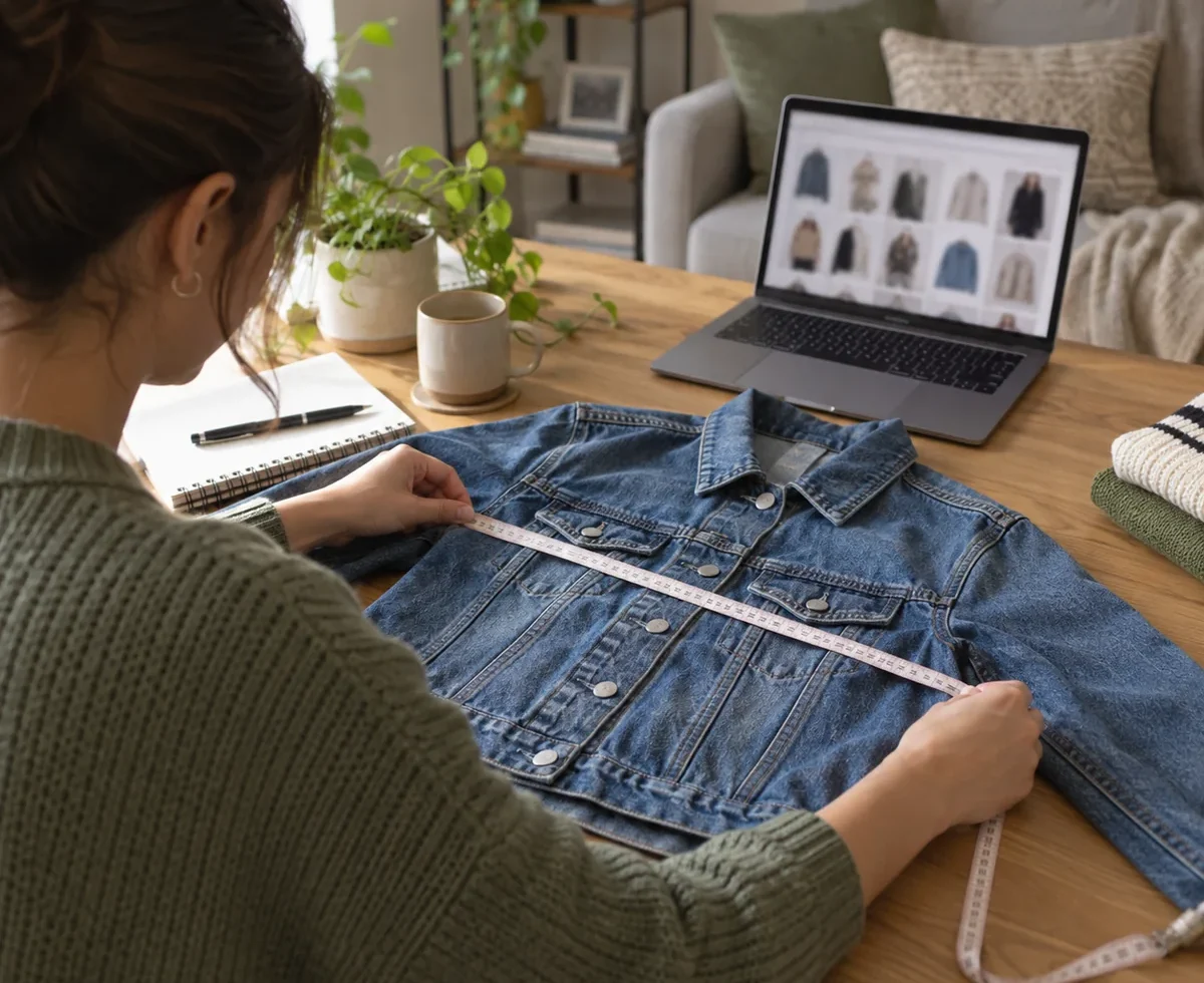 Shopper comparing a used denim jacket with an online listing