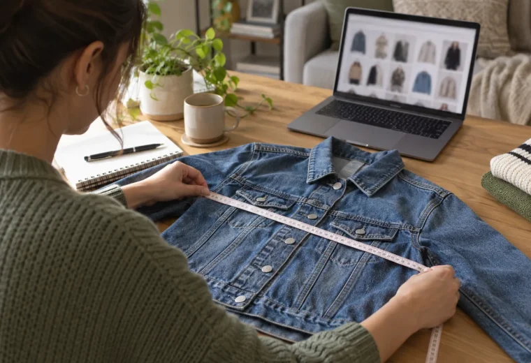 Shopper comparing a used denim jacket with an online listing