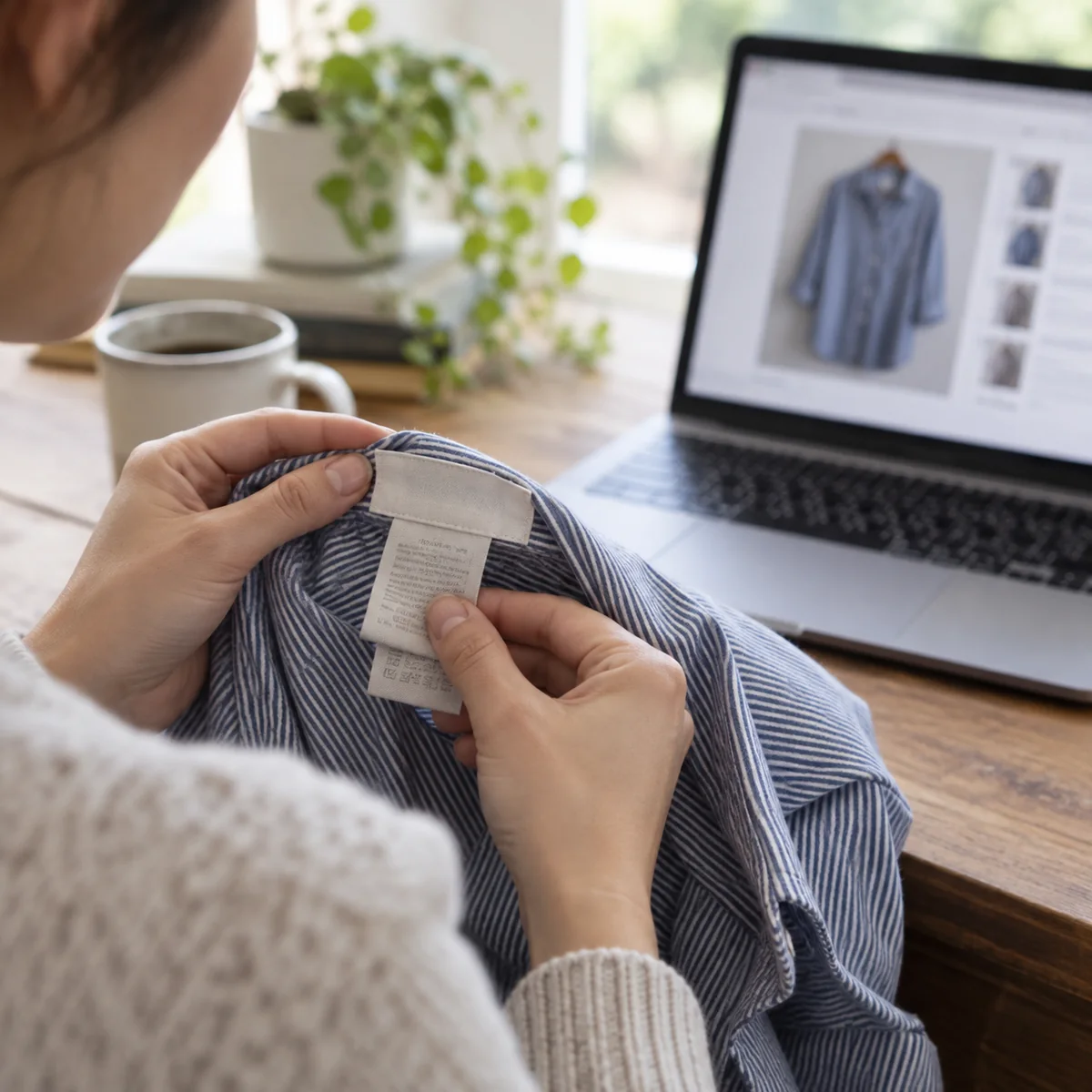 Shopper examining a garment care label before buying secondhand clothes online