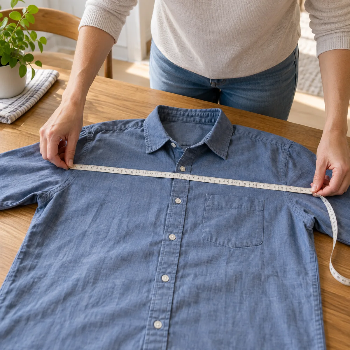 Person measuring a well-fitting shirt laid flat across the chest