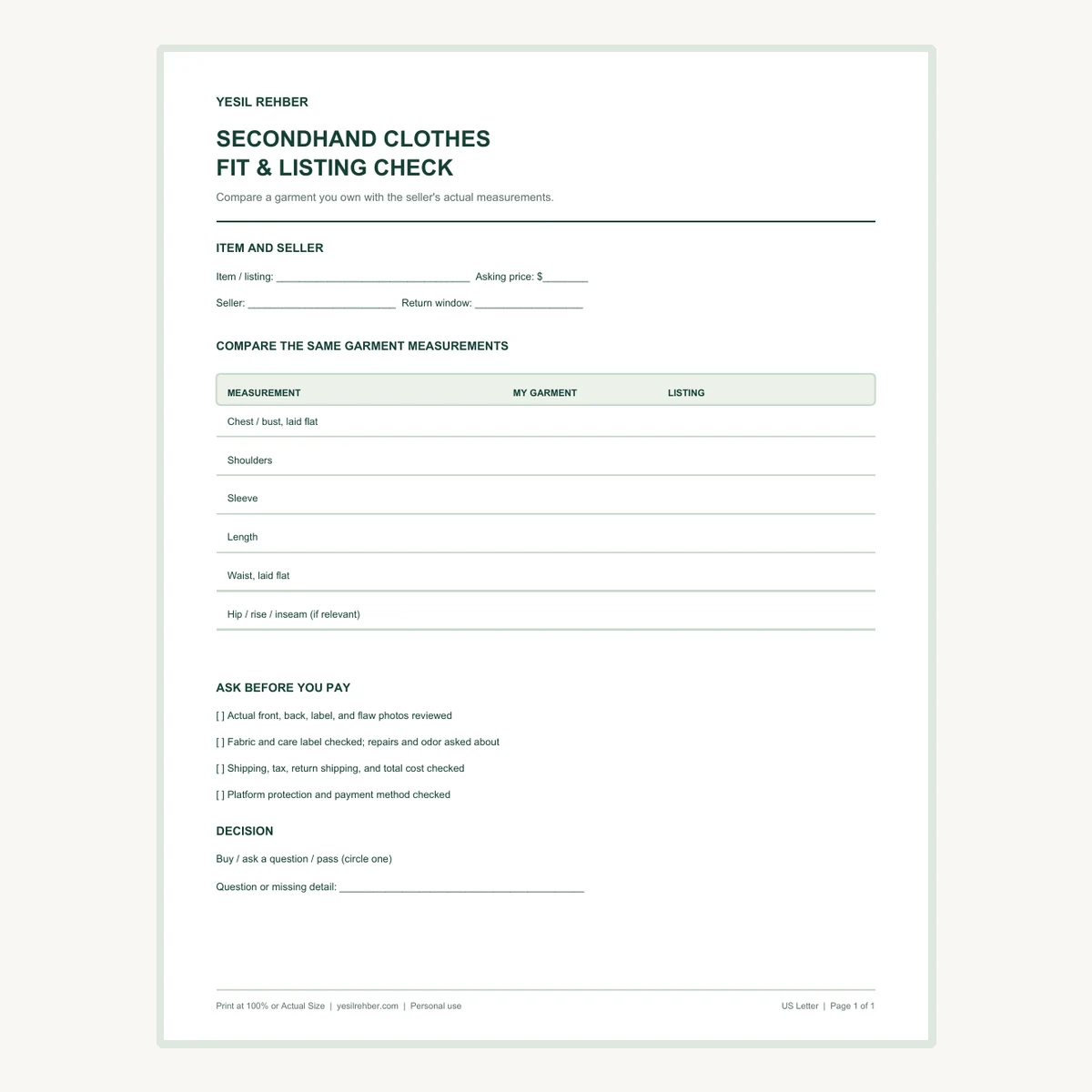 Preview of the actual secondhand clothes fit and listing checklist