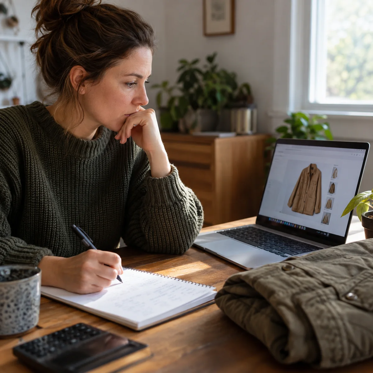 Shopper comparing a secondhand clothing listing with a written total-cost note