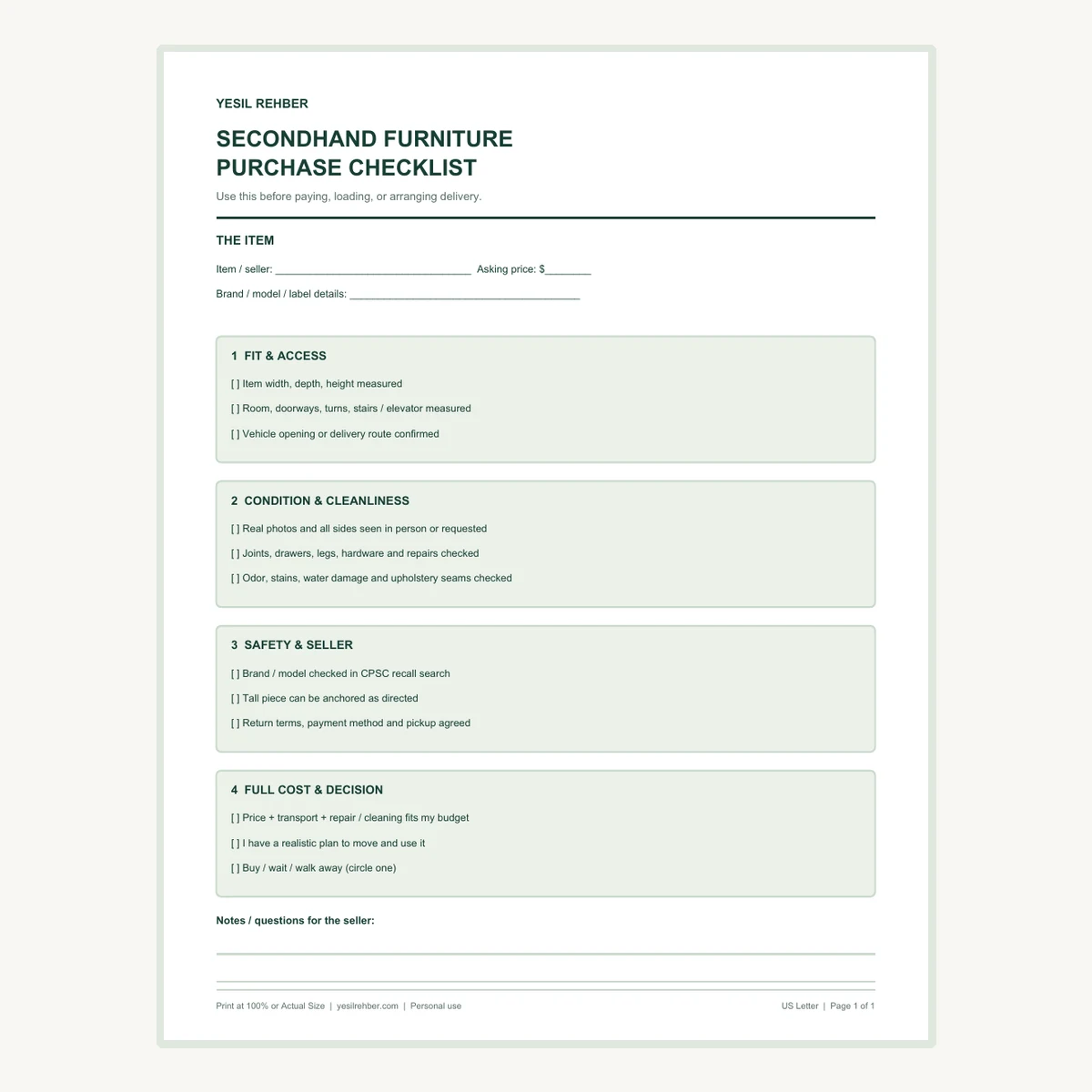 Preview of the actual one-page secondhand furniture purchase checklist