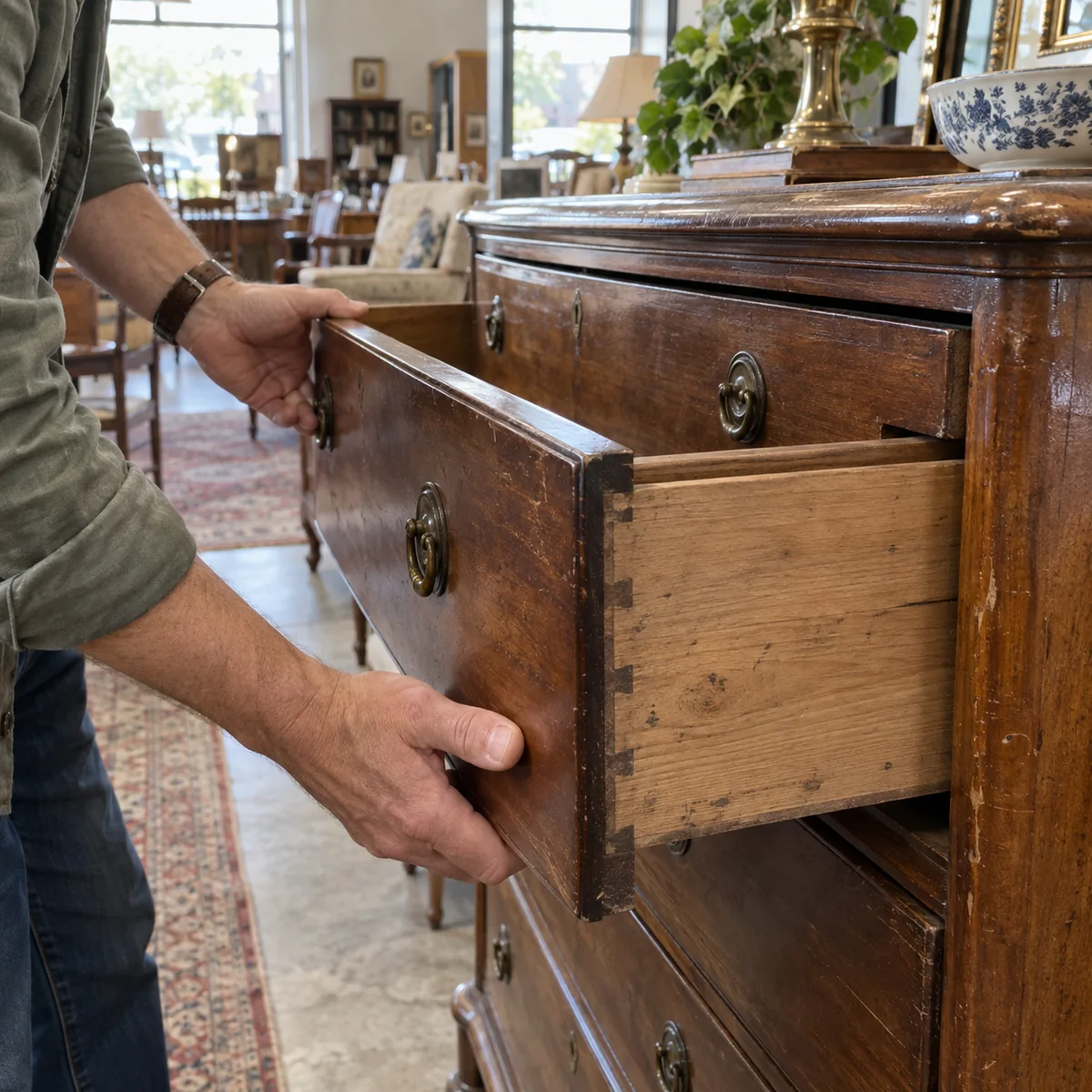 Shopper opening a used wooden dresser drawer to inspect its construction