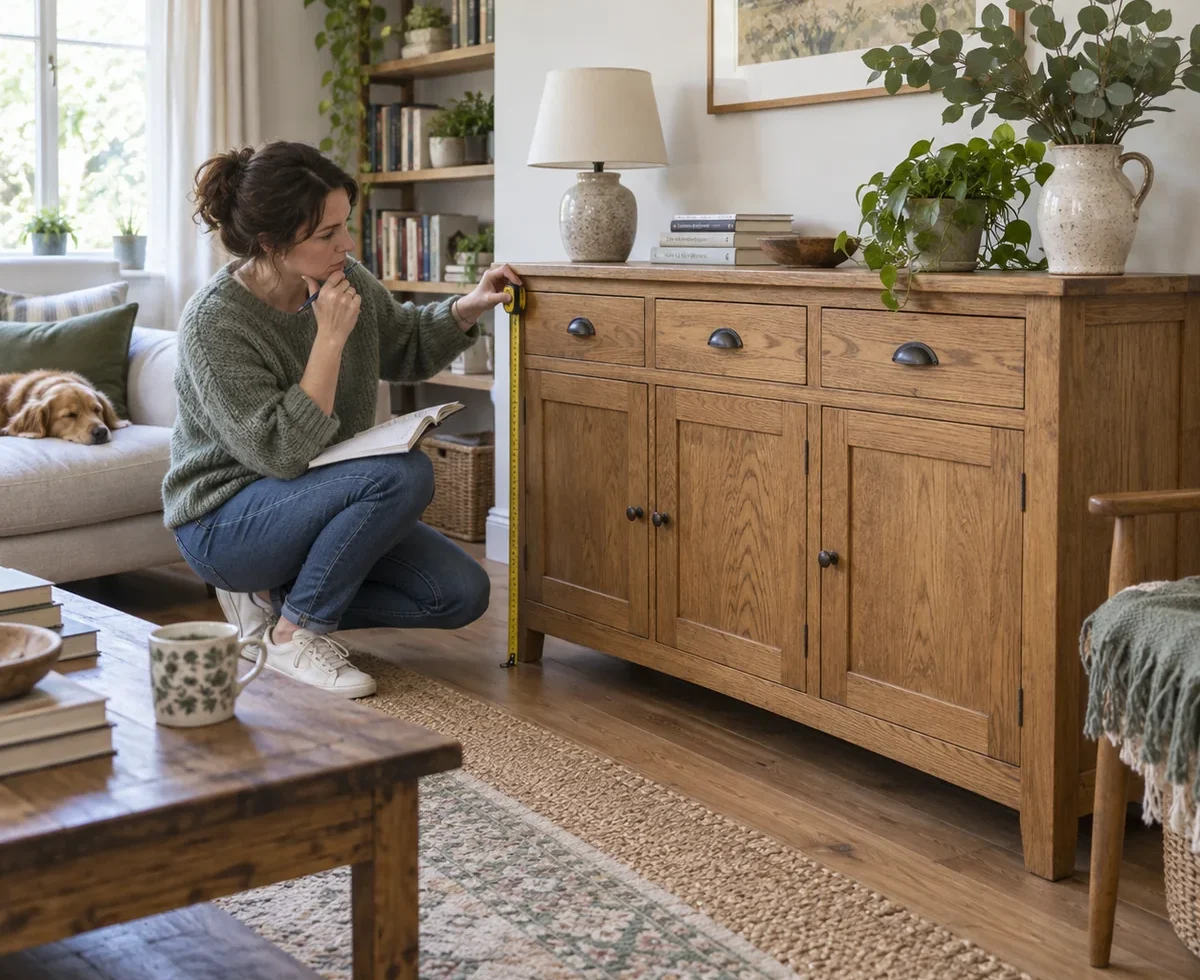 Shopper evaluating a secondhand oak sideboard