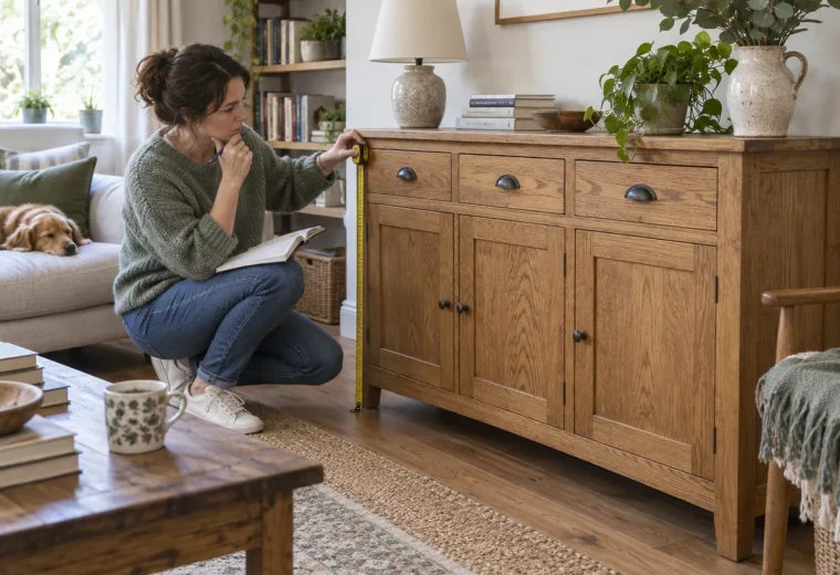 Shopper evaluating a secondhand oak sideboard
