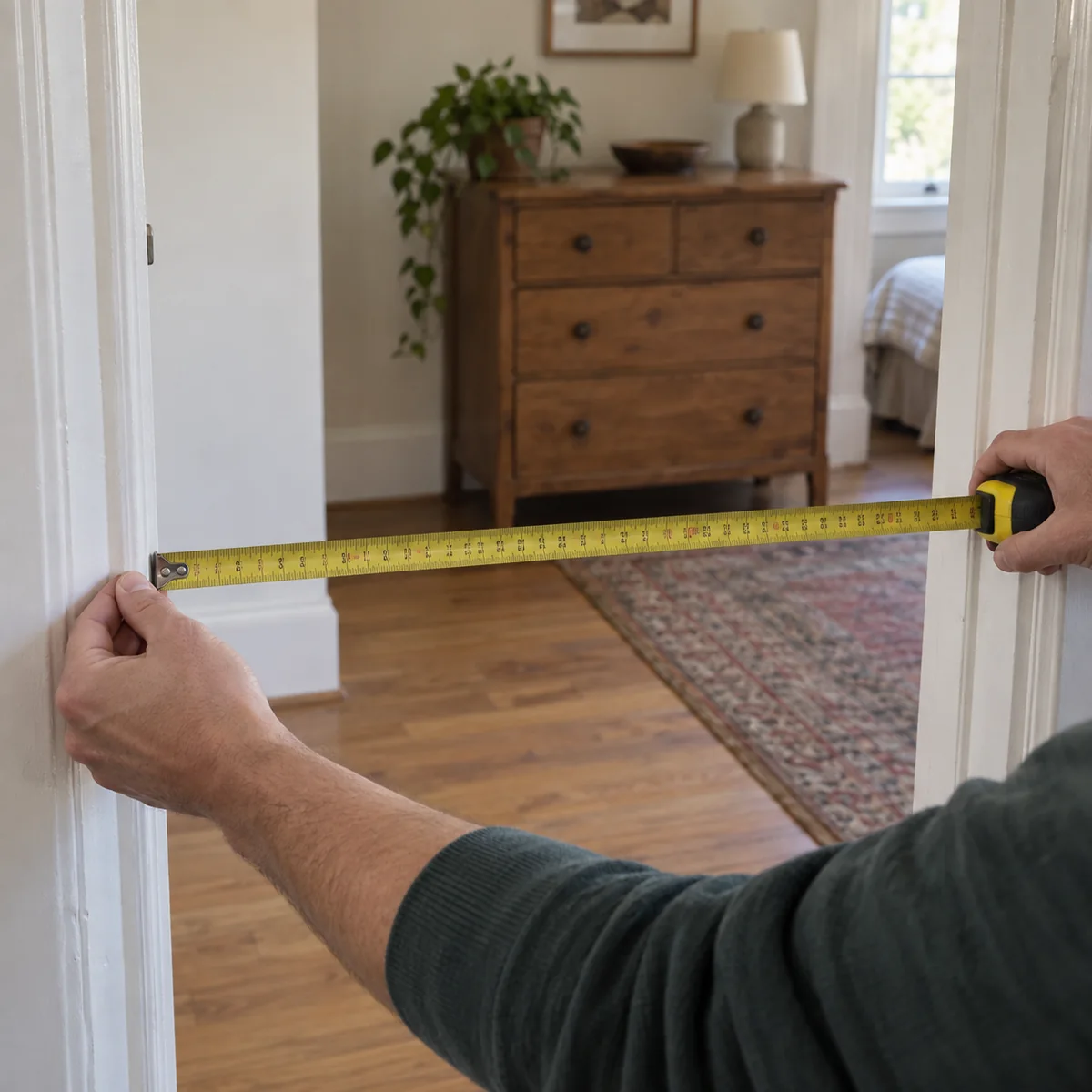 Hands measuring an apartment doorway before bringing home a secondhand dresser