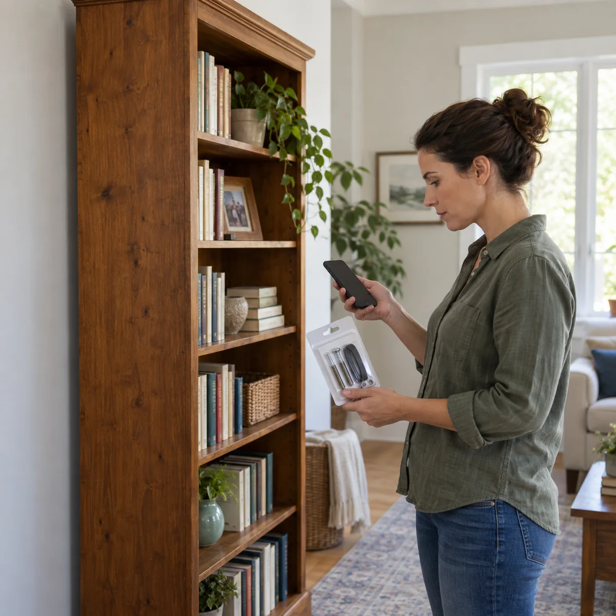Shopper checking details of a used tall bookcase on a phone before planning safe installation
