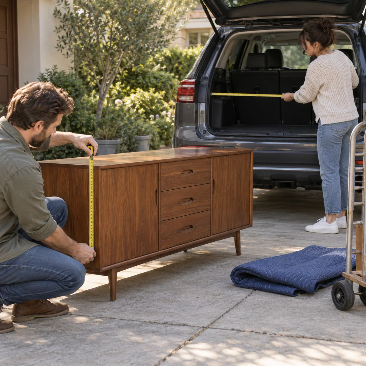 Two adults measuring a secondhand sideboard and vehicle cargo opening before transport